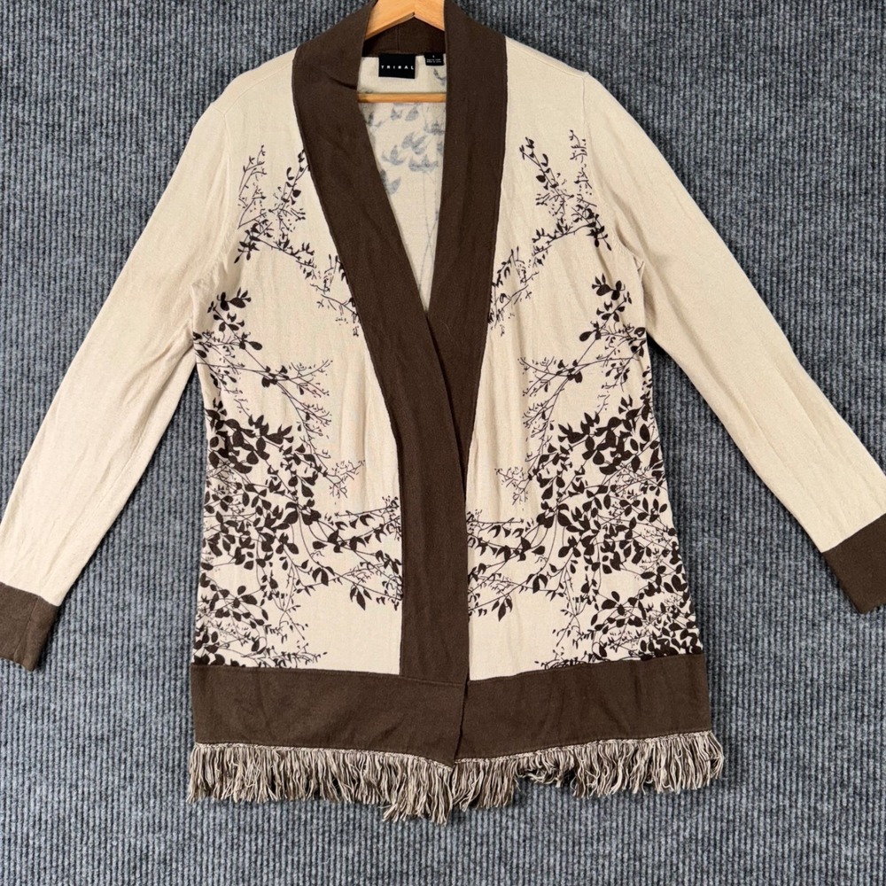 Tribal Womens Small Cardigan Sweater Boho Fringe Open Knit Brown Beige Floral